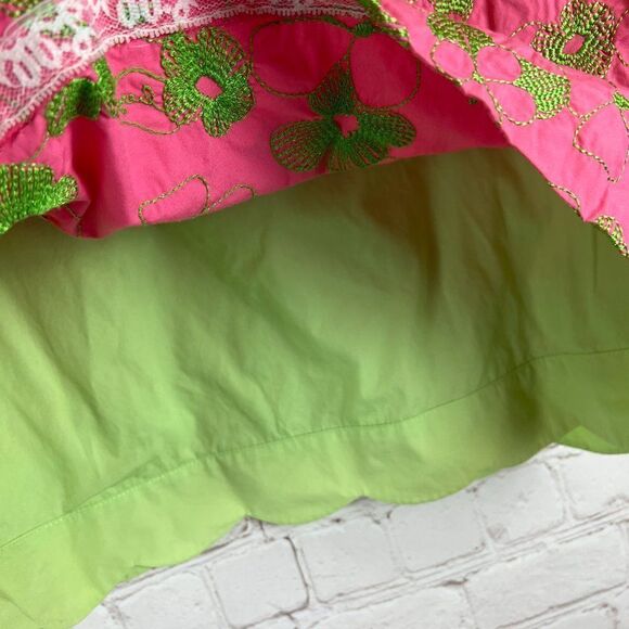 LILLY PULITZER cotton pink embroidered floral green lined skirt size 4 - Picture 3 of 5